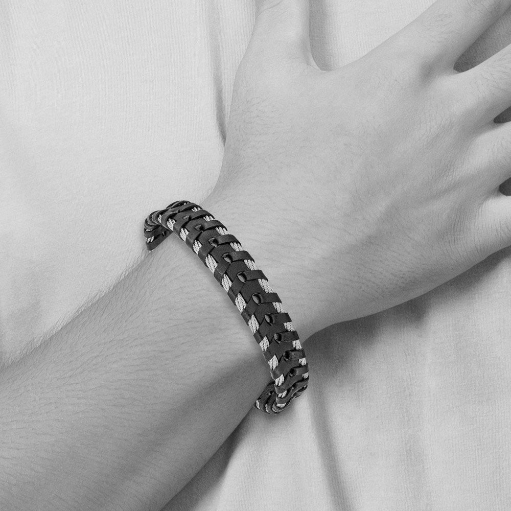 Alternate view of the Men&#39;s 12.5mm Stainless Steel Cable &amp; Black Leather Bracelet, 8.25 Inch by The Black Bow Jewelry Co.