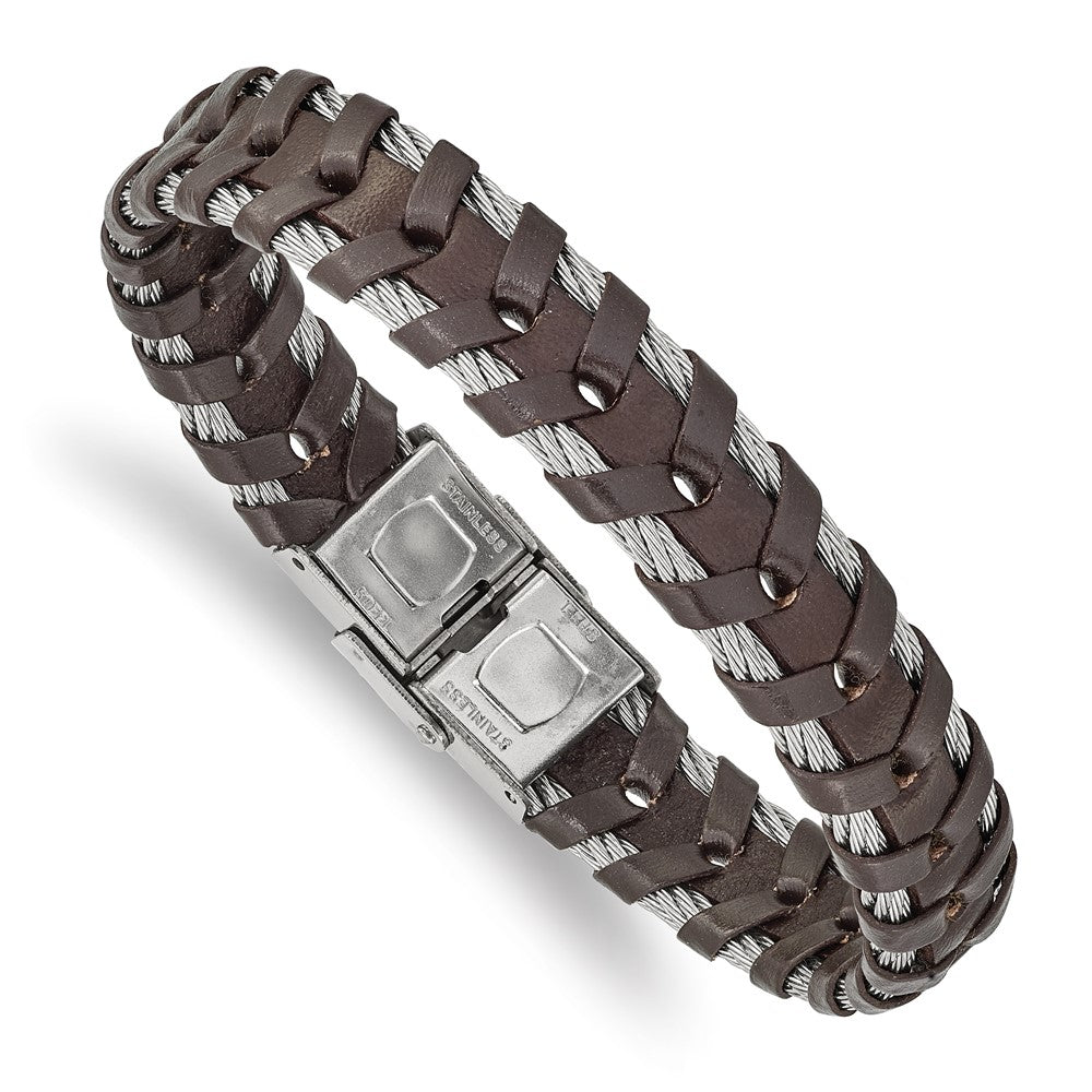 Men&#39;s 12.5mm Stainless Steel Cable &amp; Brown Leather Bracelet, 8.25 Inch, Item B18561-BRN by The Black Bow Jewelry Co.