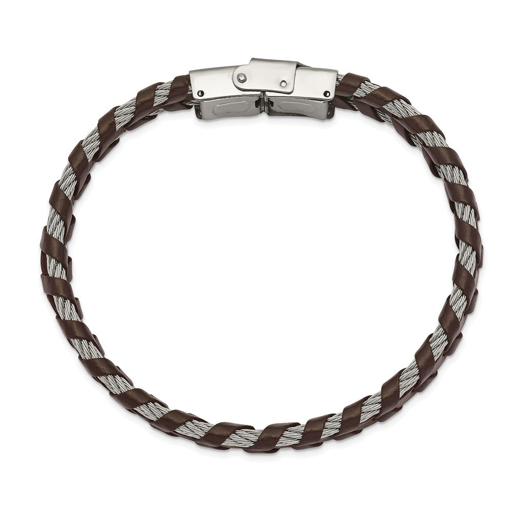 Alternate view of the Men&#39;s 12.5mm Stainless Steel Cable &amp; Brown Leather Bracelet, 8.25 Inch by The Black Bow Jewelry Co.
