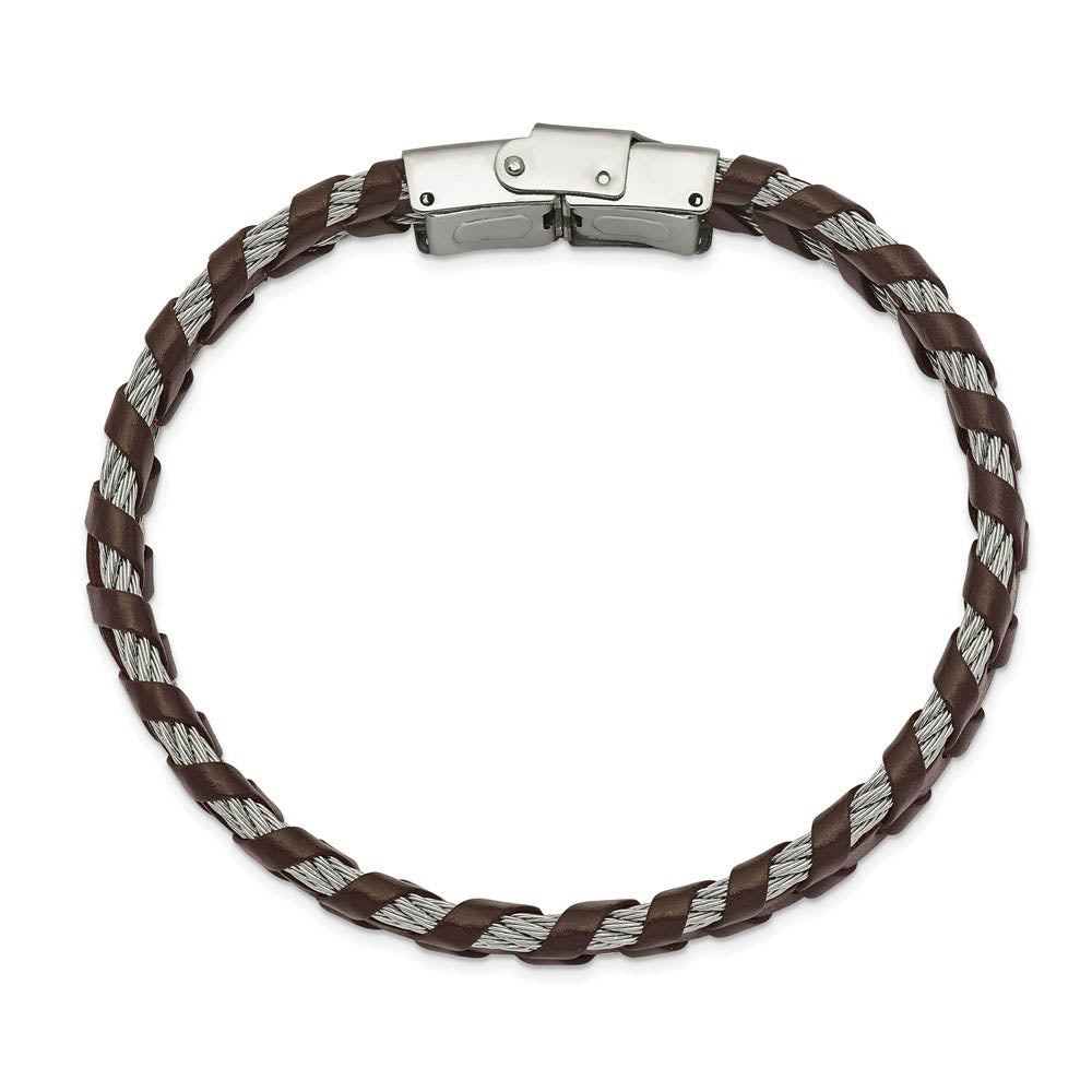 Alternate view of the 12.5mm Stainless Steel Cable & Black or Brown Leather Bracelet, 8.25in by The Black Bow Jewelry Co.