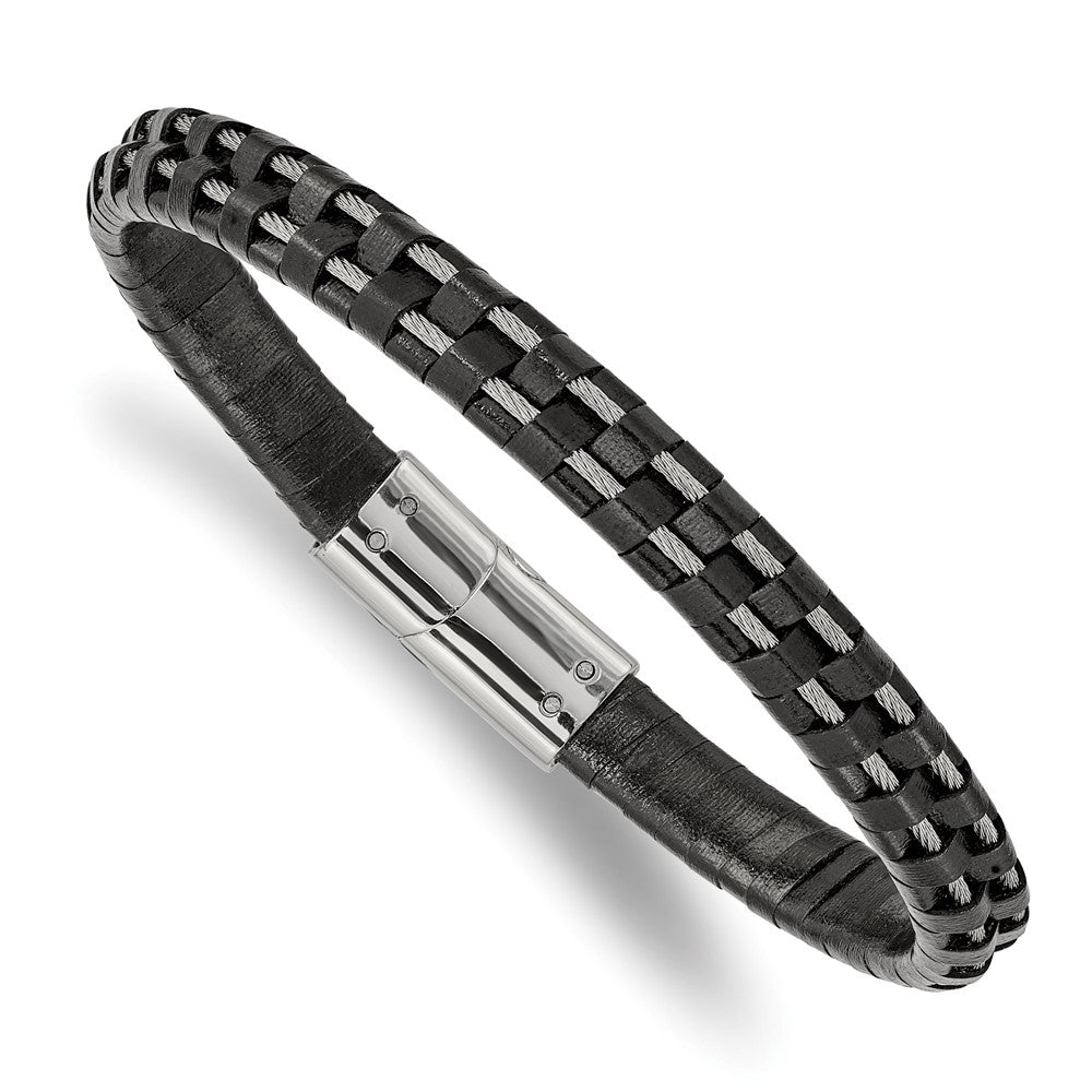 7.5mm Stainless Steel Cable &amp; Black Leather Bracelet, 8.75 Inch, Item B18562-BLK by The Black Bow Jewelry Co.