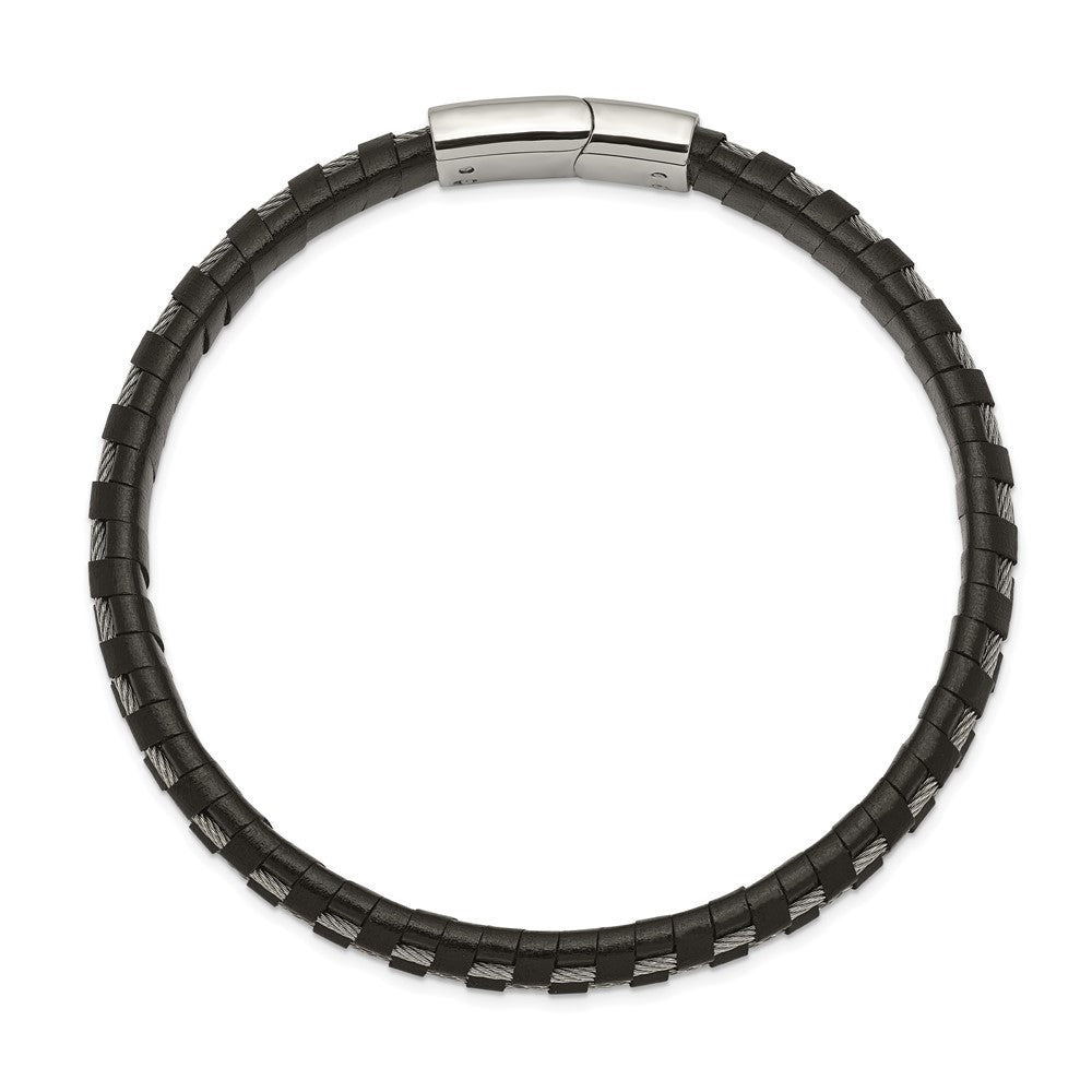 Alternate view of the 7.5mm Stainless Steel Cable &amp; Black Leather Bracelet, 8.75 Inch by The Black Bow Jewelry Co.