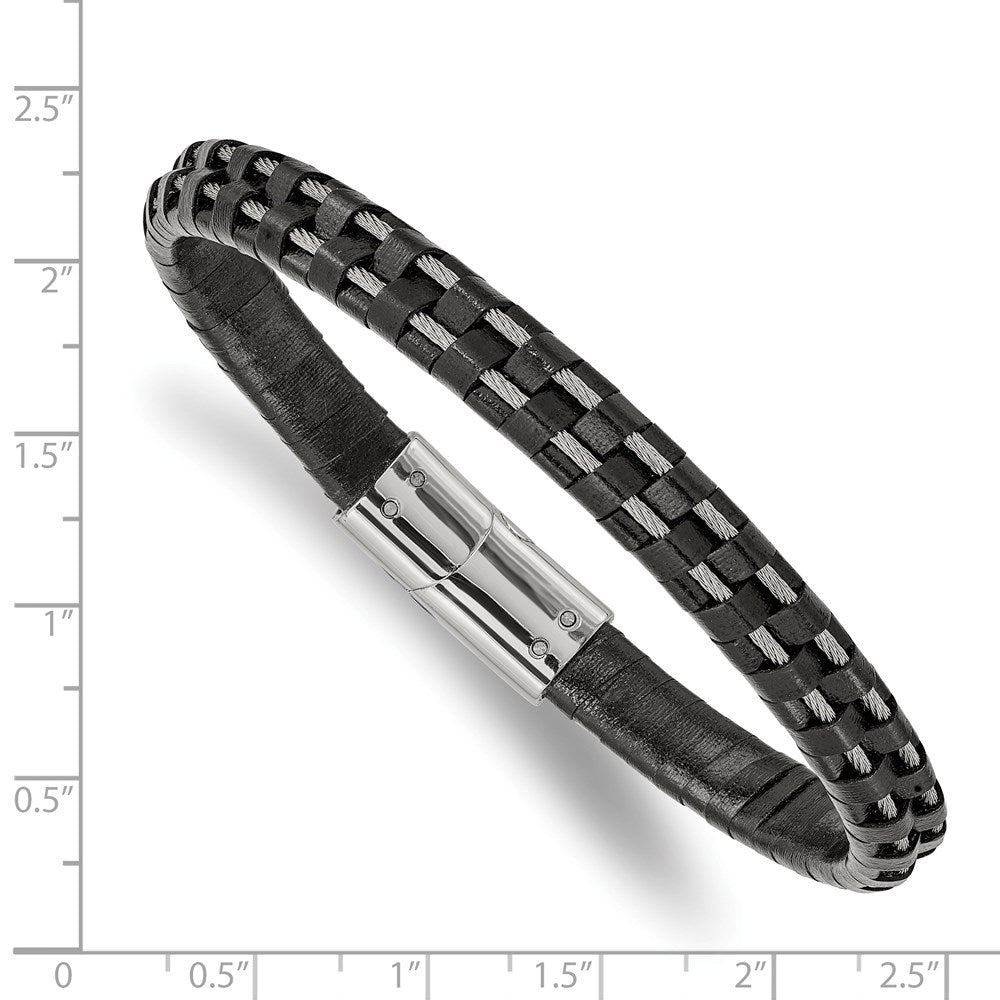 Alternate view of the 7.5mm Stainless Steel Cable &amp; Black Leather Bracelet, 8.75 Inch by The Black Bow Jewelry Co.