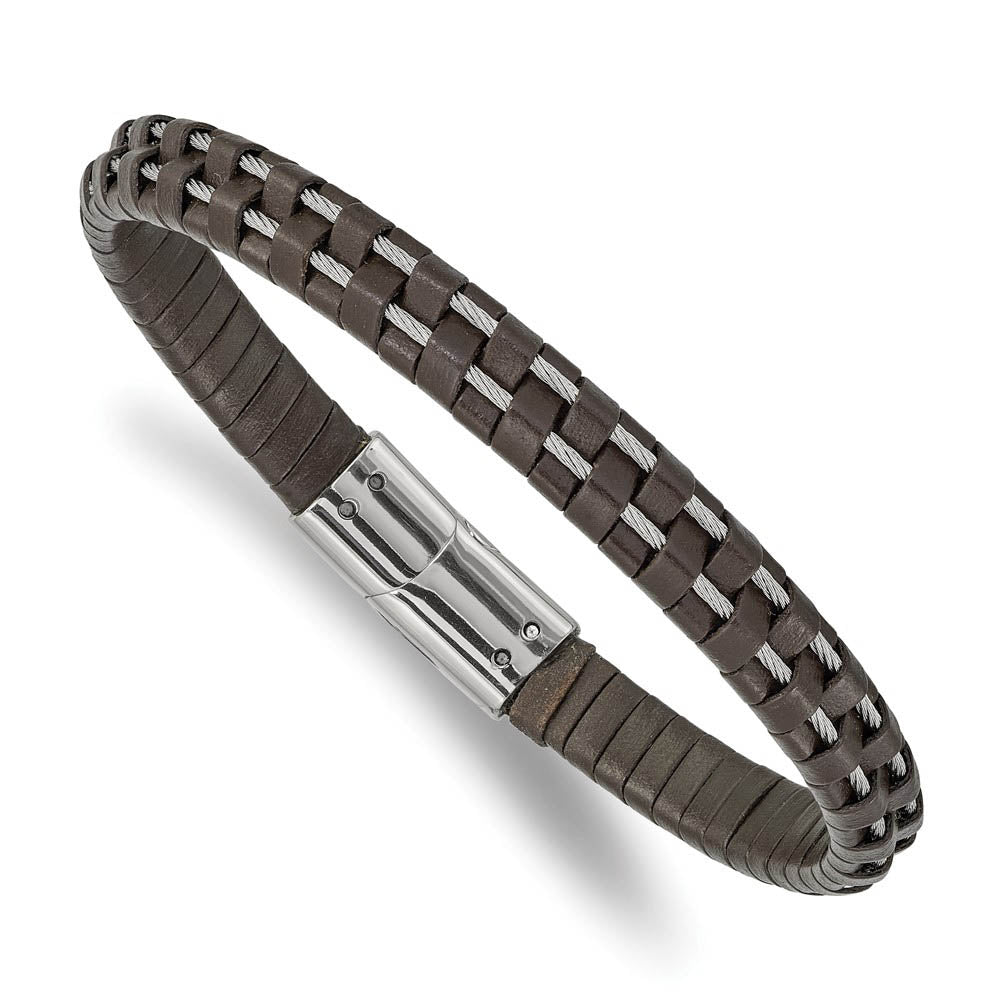 7.5mm Stainless Steel Cable & Brown Leather Bracelet, 8.75 Inch, Item B18562-BRN by The Black Bow Jewelry Co.