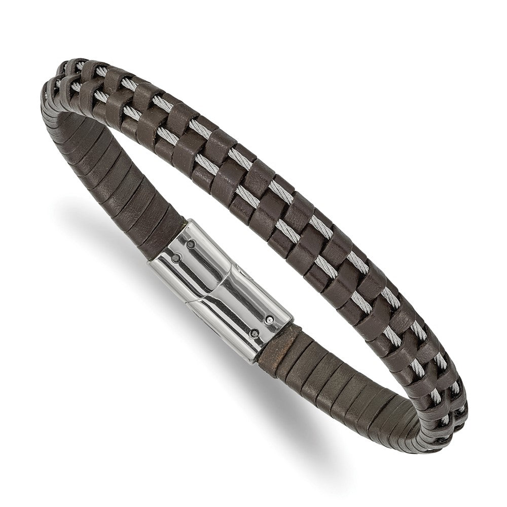 7.5mm Stainless Steel Cable &amp; Brown Leather Bracelet, 8.75 Inch, Item B18562-BRN by The Black Bow Jewelry Co.