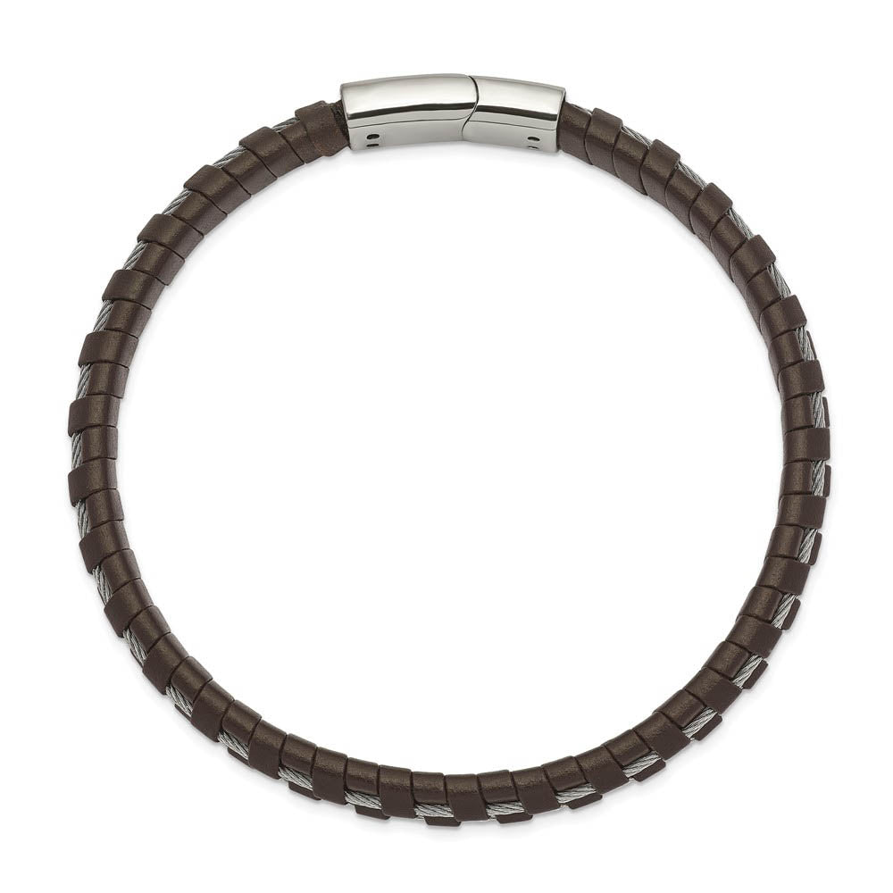 Alternate view of the 7.5mm Stainless Steel Cable & Brown Leather Bracelet, 8.75 Inch by The Black Bow Jewelry Co.