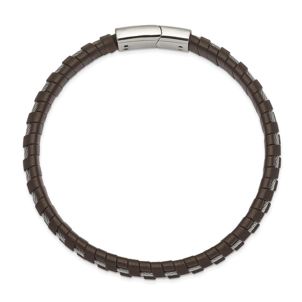 Alternate view of the 7.5mm Stainless Steel Cable &amp; Black or Brown Leather Bracelet, 8.75 In by The Black Bow Jewelry Co.