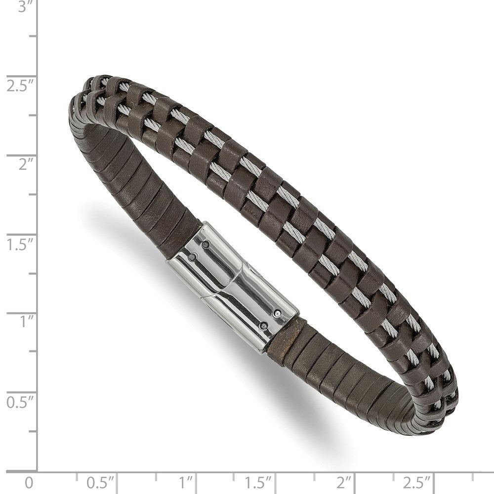 Alternate view of the 7.5mm Stainless Steel Cable &amp; Brown Leather Bracelet, 8.75 Inch by The Black Bow Jewelry Co.