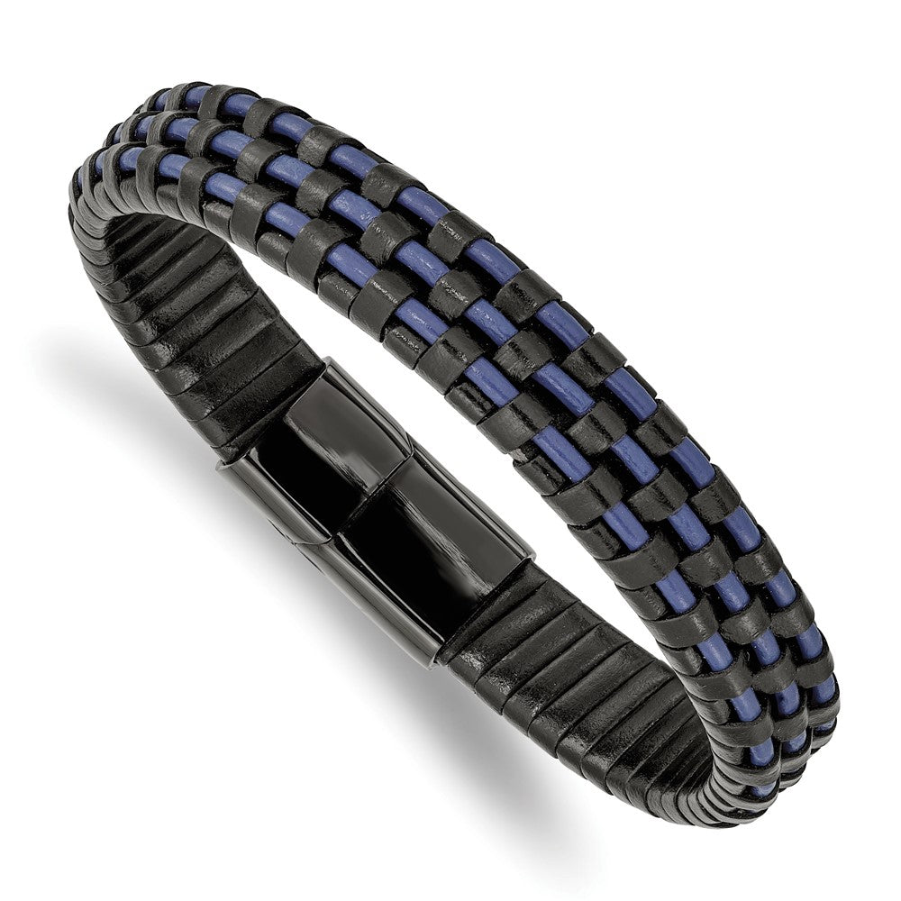 12mm Black Plated Stainless Steel Black/Blue Leather Bracelet, 8.25 In, Item B18563-BLU by The Black Bow Jewelry Co.