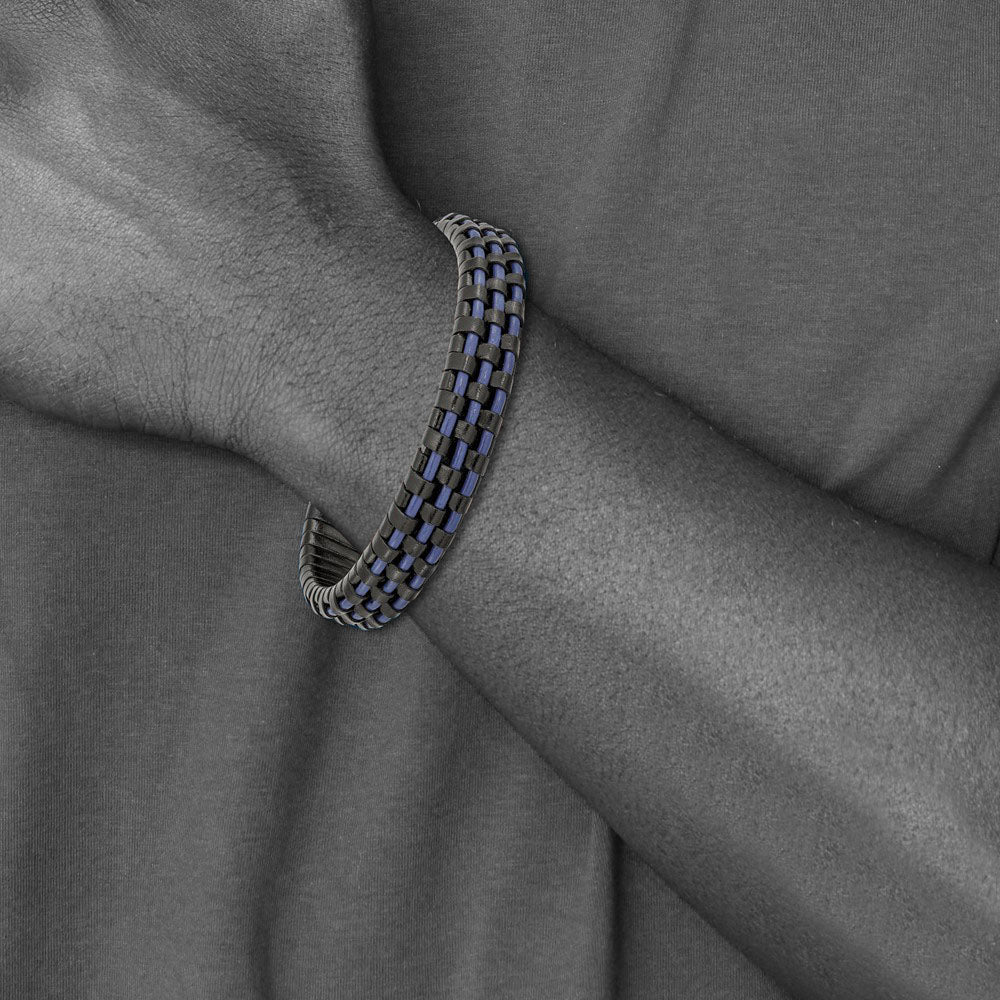 Alternate view of the 12mm Black Plated Stainless Steel Black/Blue Leather Bracelet, 8.25 In by The Black Bow Jewelry Co.