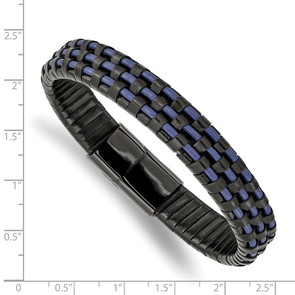 Alternate view of the 12mm Black Plated Stainless Steel Black/Blue Leather Bracelet, 8.25 In by The Black Bow Jewelry Co.