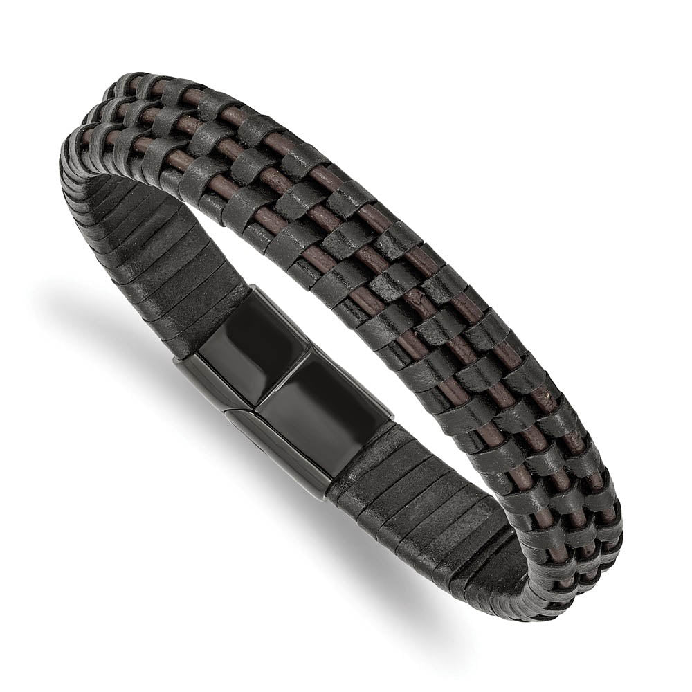12mm Black Plated Stainless Steel Blk/Brown Leather Bracelet, 8.25 In, Item B18563-BRN by The Black Bow Jewelry Co.