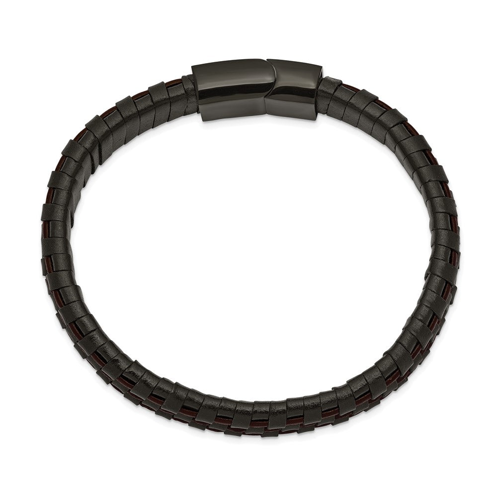 Alternate view of the 12mm Black Plated Stainless Steel Two Tone Leather Bracelet, 8.25 Inch by The Black Bow Jewelry Co.