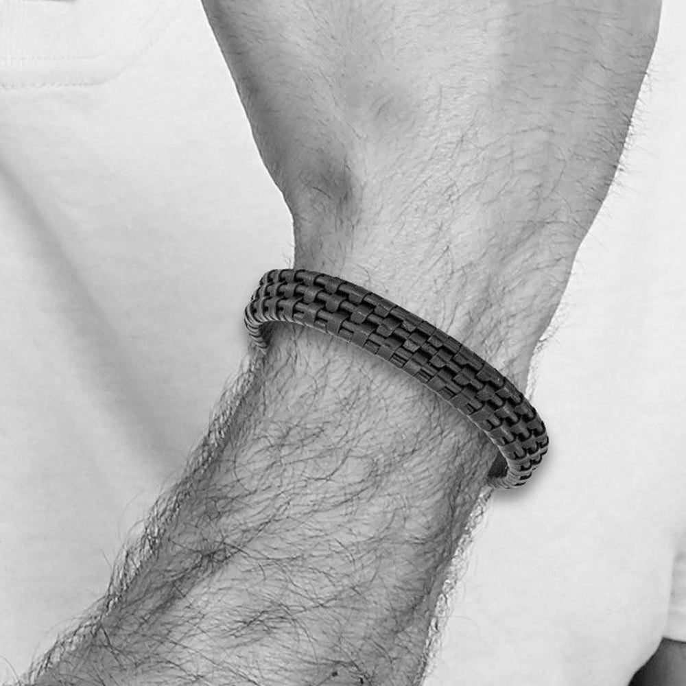 Alternate view of the 12mm Black Plated Stainless Steel Blk/Brown Leather Bracelet, 8.25 In by The Black Bow Jewelry Co.