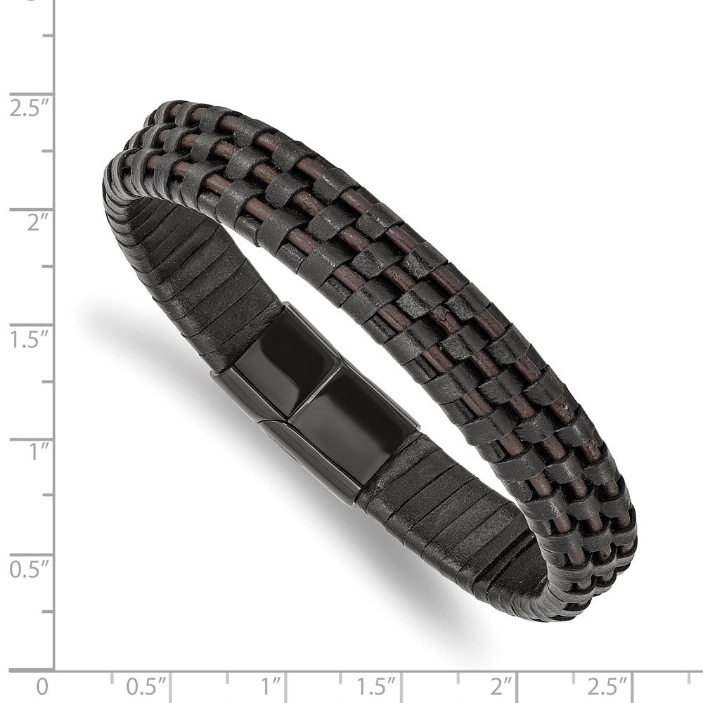 Alternate view of the 12mm Black Plated Stainless Steel Blk/Brown Leather Bracelet, 8.25 In by The Black Bow Jewelry Co.