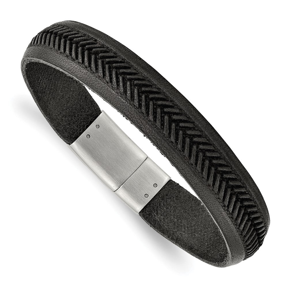 13mm Stainless Steel Black or Tan Leather Tire Tread Bracelet, 8.75 In, Item B18564 by The Black Bow Jewelry Co.