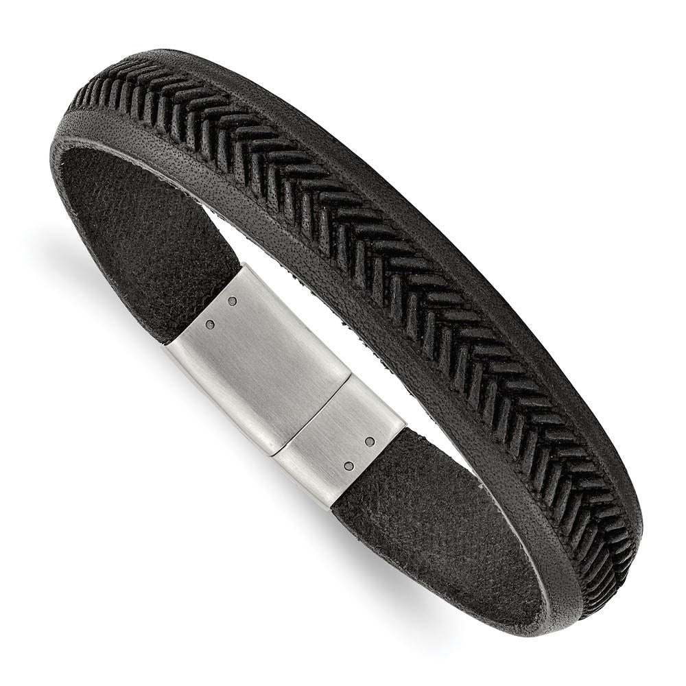 13mm Stainless Steel & Black Leather Tire Tread Bracelet, 8.75 Inch, Item B18564-BLK by The Black Bow Jewelry Co.