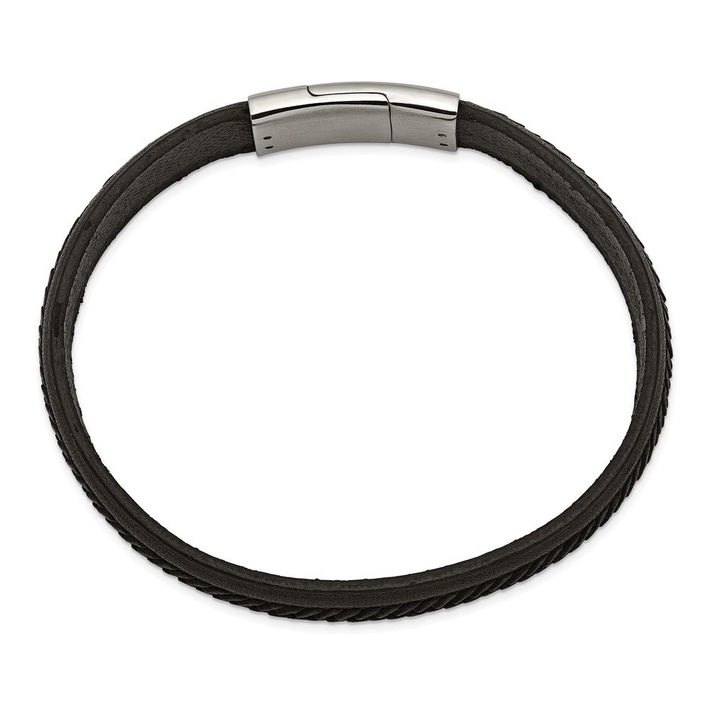 Alternate view of the 13mm Stainless Steel &amp; Black Leather Tire Tread Bracelet, 8.75 Inch by The Black Bow Jewelry Co.