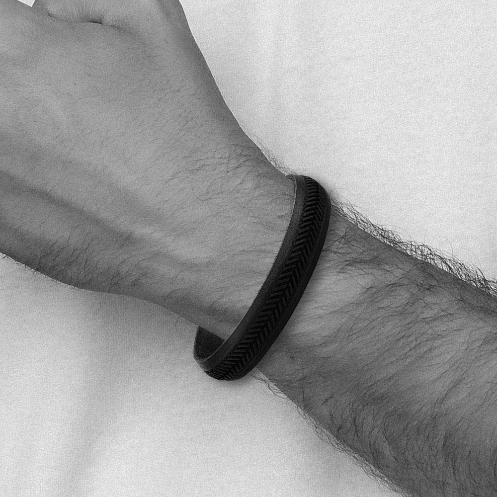 Alternate view of the 13mm Stainless Steel & Black Leather Tire Tread Bracelet, 8.75 Inch by The Black Bow Jewelry Co.