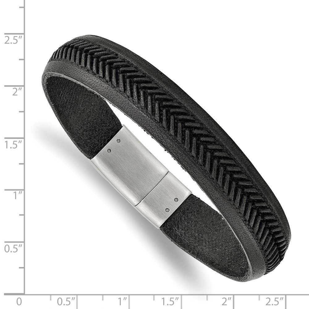 Alternate view of the 13mm Stainless Steel &amp; Black Leather Tire Tread Bracelet, 8.75 Inch by The Black Bow Jewelry Co.
