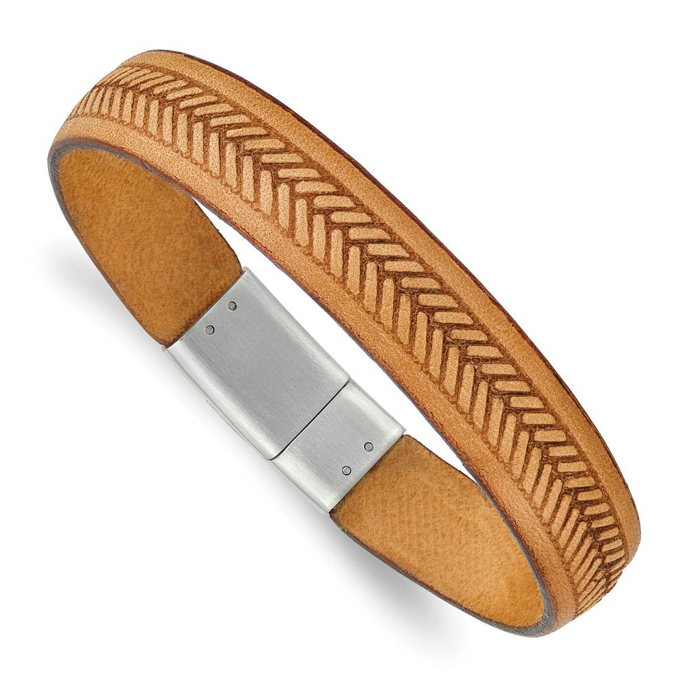 13mm Stainless Steel & Tan Leather Tire Tread Bracelet, 8.75 Inch, Item B18564-TAN by The Black Bow Jewelry Co.