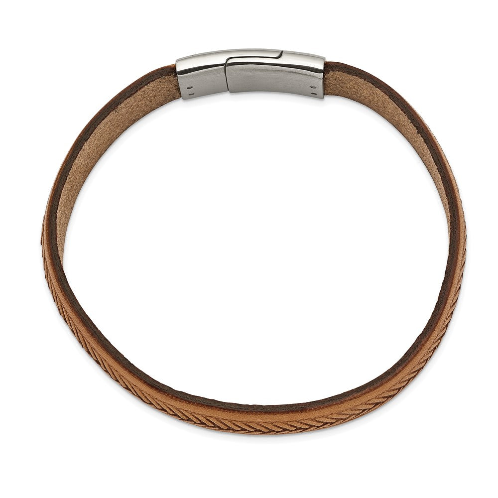 Alternate view of the 13mm Stainless Steel &amp; Tan Leather Tire Tread Bracelet, 8.75 Inch by The Black Bow Jewelry Co.