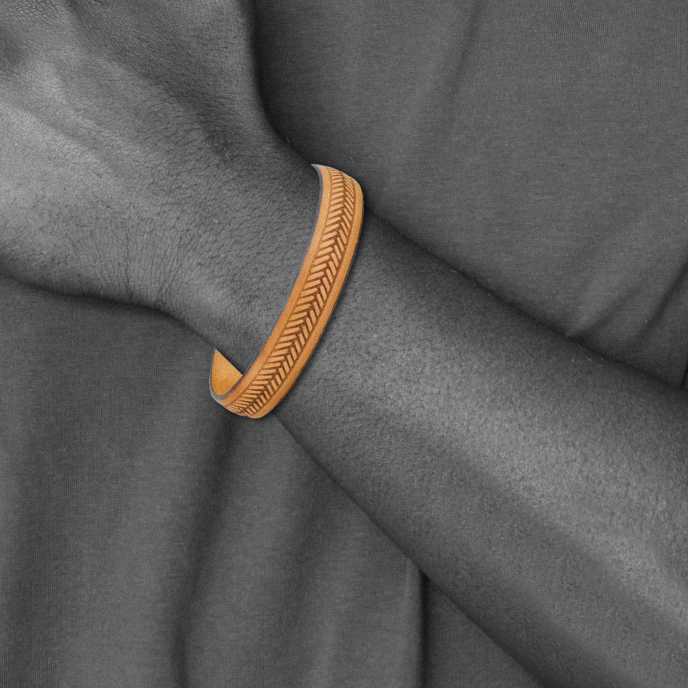 Alternate view of the 13mm Stainless Steel & Tan Leather Tire Tread Bracelet, 8.75 Inch by The Black Bow Jewelry Co.
