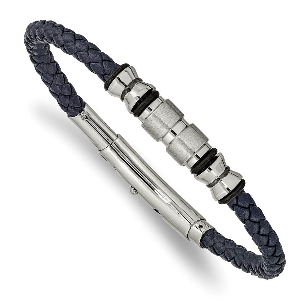 Stainless Steel, Green or Blue Leather Adj Bead Bracelet, 7.75-8.25 In, Item B18565 by The Black Bow Jewelry Co.