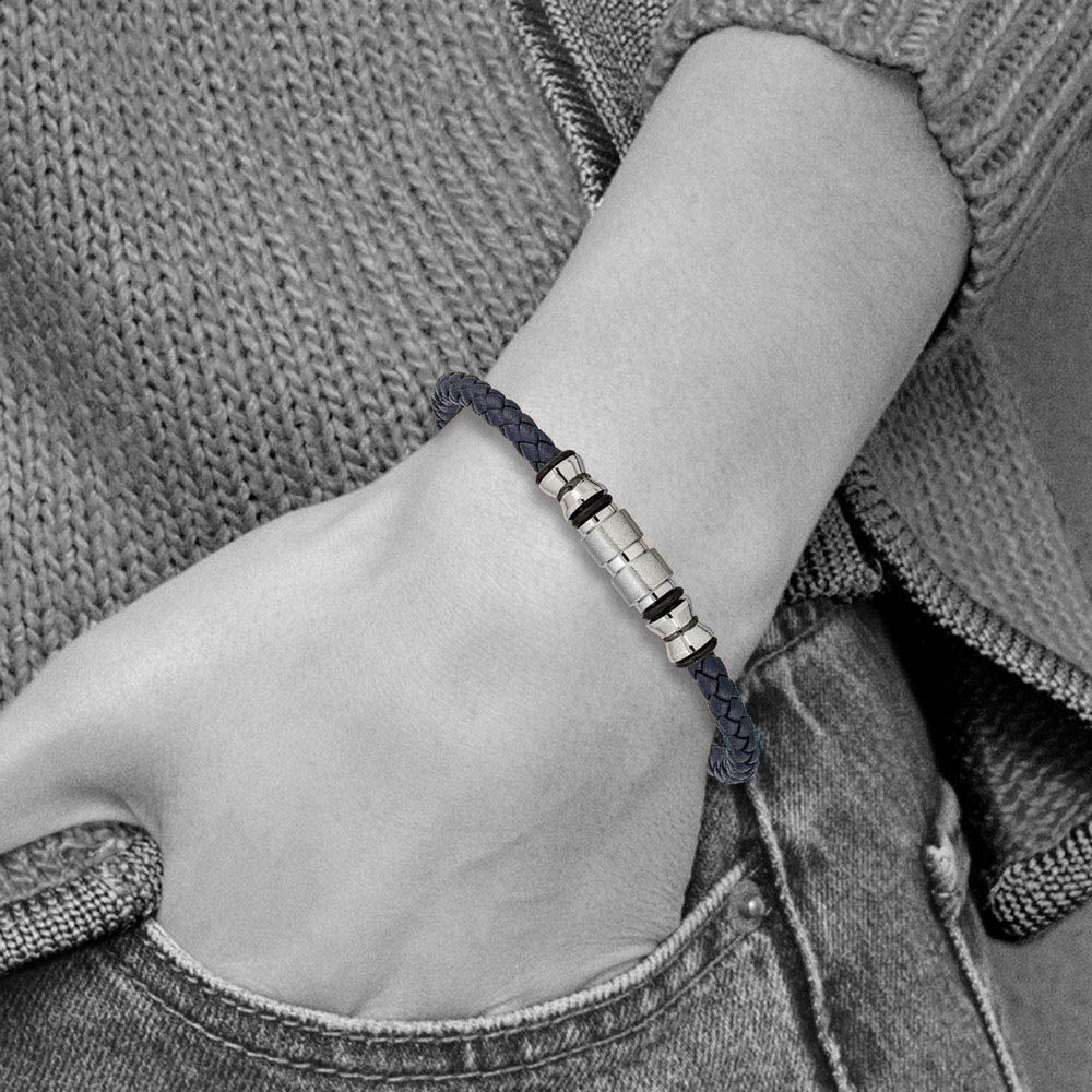 Alternate view of the Stainless Steel, Blue Leather Adjustable Bead Bracelet, 7.75-8.25 Inch by The Black Bow Jewelry Co.