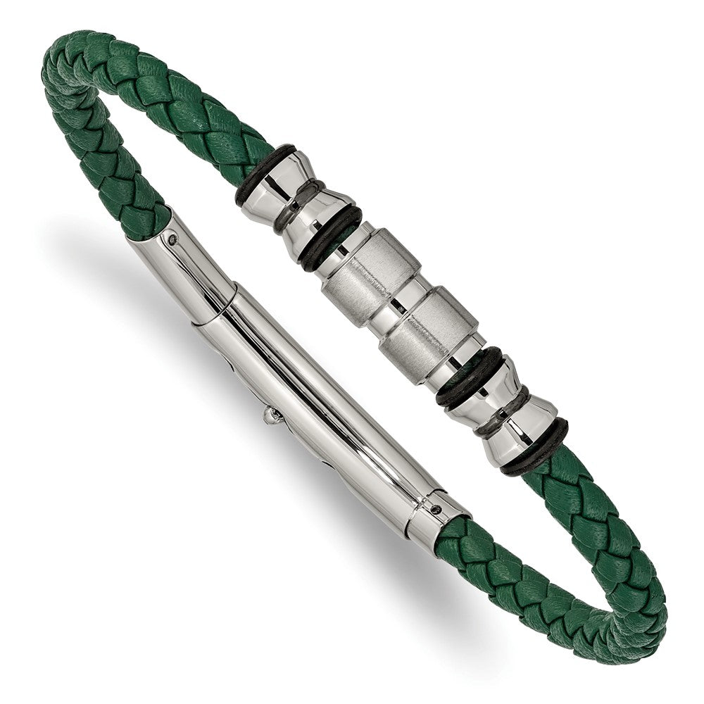 Stainless Steel, Green Leather Adjustable Bead Bracelet, 7.75-8.25 In, Item B18565-GRN by The Black Bow Jewelry Co.
