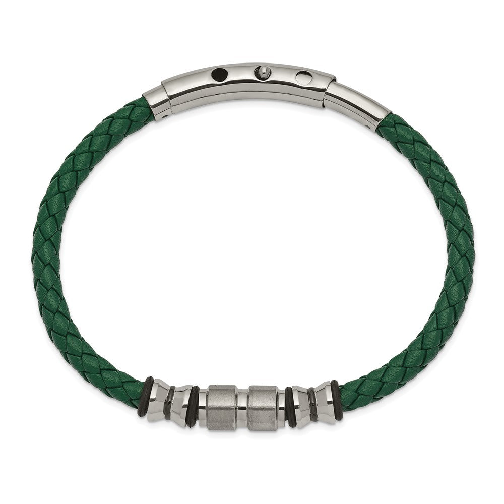 Alternate view of the Stainless Steel, Green Leather Adjustable Bead Bracelet, 7.75-8.25 In by The Black Bow Jewelry Co.