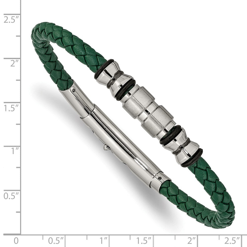 Alternate view of the Stainless Steel, Green Leather Adjustable Bead Bracelet, 7.75-8.25 In by The Black Bow Jewelry Co.