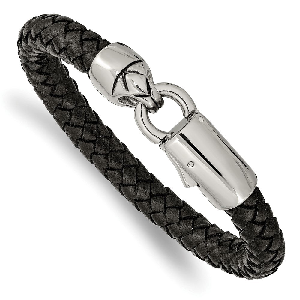 8mm Stainless Steel &amp; Black or Blue Leather Woven Bracelet, 8.25 Inch, Item B18566 by The Black Bow Jewelry Co.
