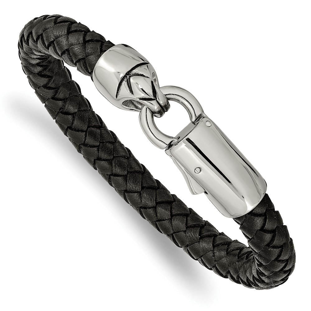 8mm Stainless Steel & Black Leather Braided Bracelet, 8.25 Inch, Item B18566-BLK by The Black Bow Jewelry Co.