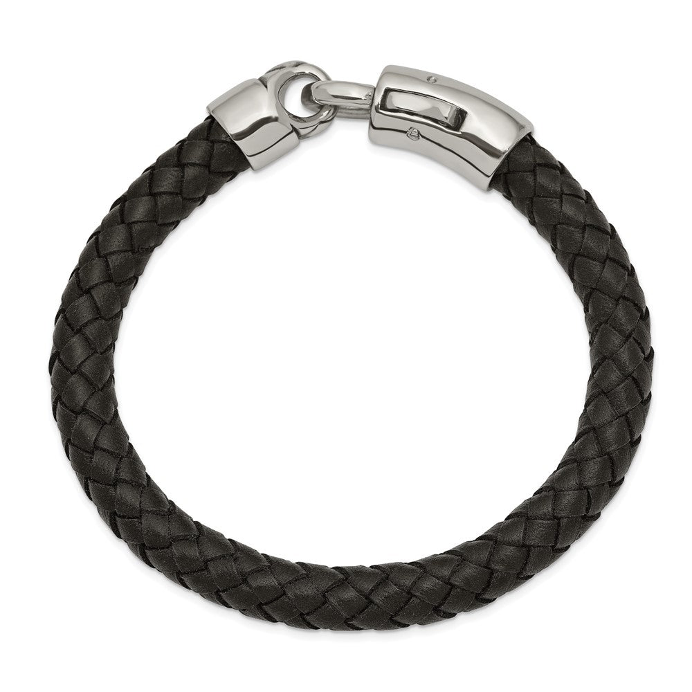 Alternate view of the 8mm Stainless Steel &amp; Black Leather Braided Bracelet, 8.25 Inch by The Black Bow Jewelry Co.