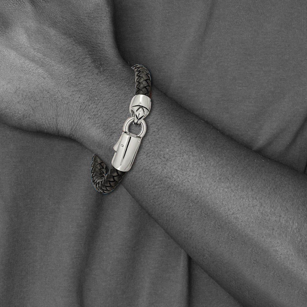 Alternate view of the 8mm Stainless Steel & Black or Blue Leather Woven Bracelet, 8.25 Inch by The Black Bow Jewelry Co.