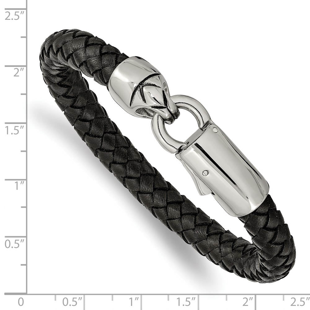 Alternate view of the 8mm Stainless Steel & Black Leather Braided Bracelet, 8.25 Inch by The Black Bow Jewelry Co.