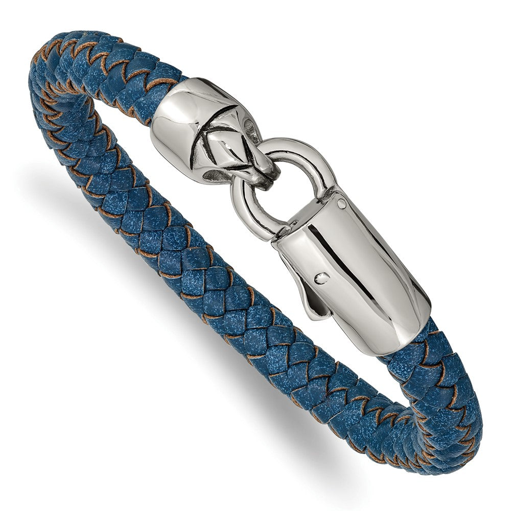 Alternate view of the 8mm Stainless Steel &amp; Black or Blue Leather Woven Bracelet, 8.25 Inch by The Black Bow Jewelry Co.