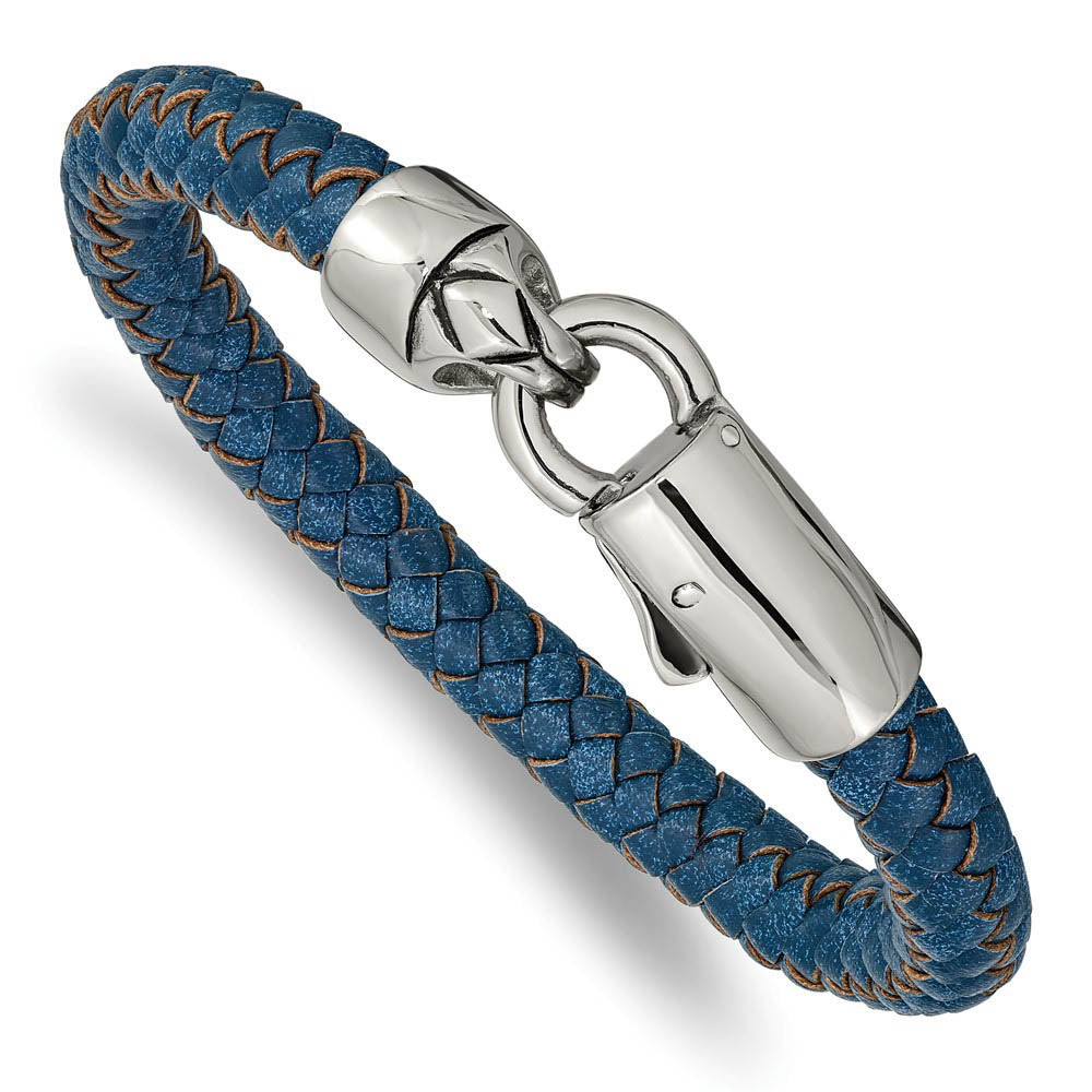 8mm Stainless Steel & Blue Leather Braided Bracelet, 8.25 Inch, Item B18566-BLU by The Black Bow Jewelry Co.