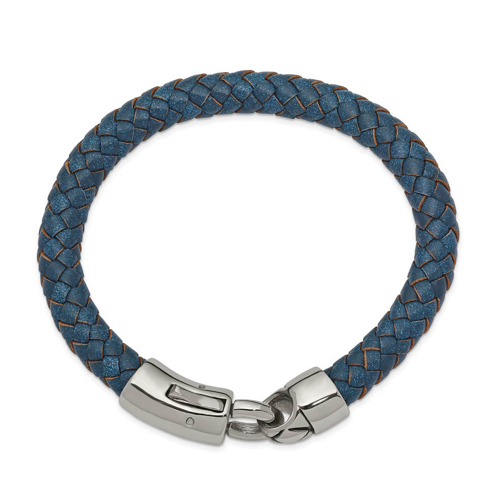 Alternate view of the 8mm Stainless Steel & Blue Leather Braided Bracelet, 8.25 Inch by The Black Bow Jewelry Co.
