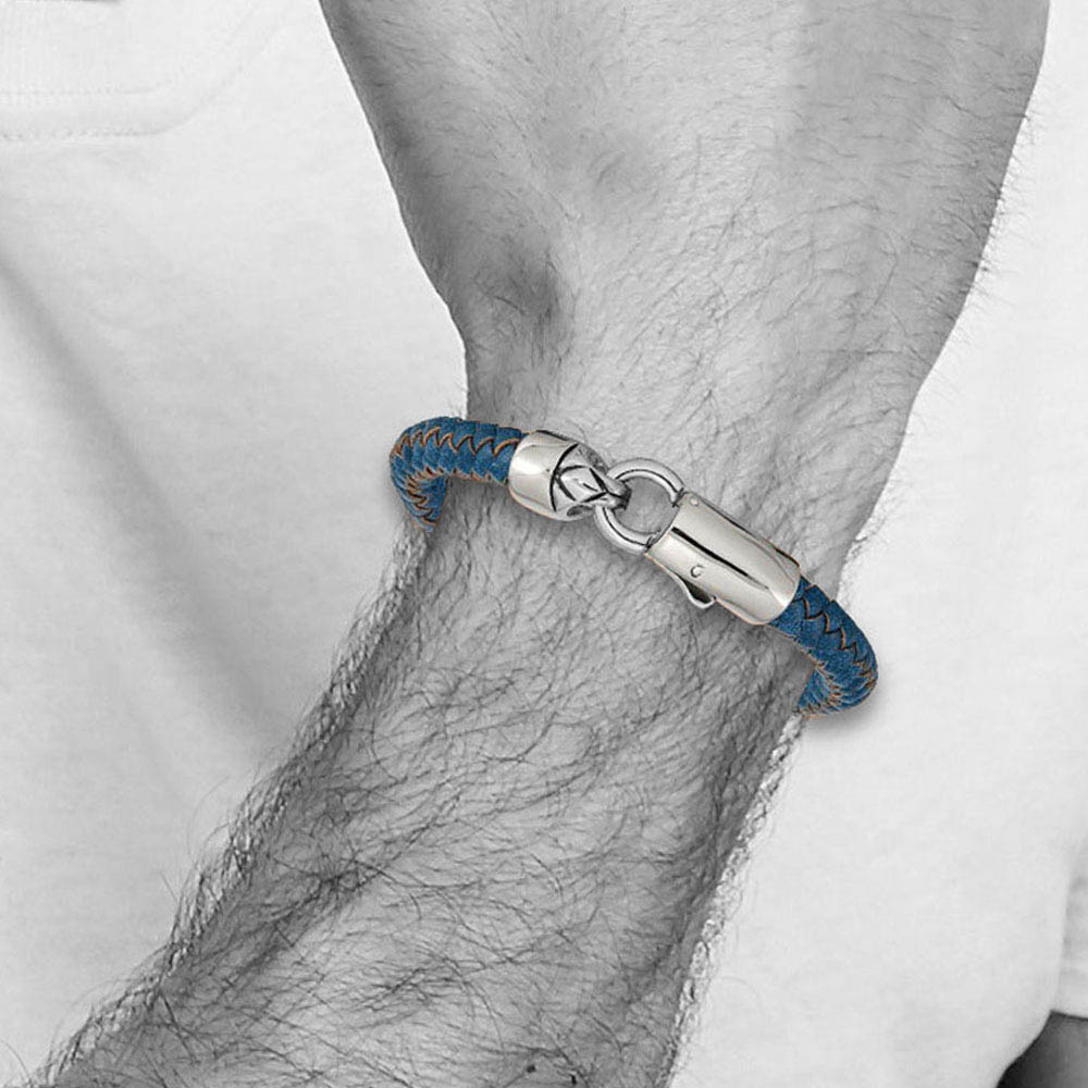 Alternate view of the 8mm Stainless Steel & Blue Leather Braided Bracelet, 8.25 Inch by The Black Bow Jewelry Co.