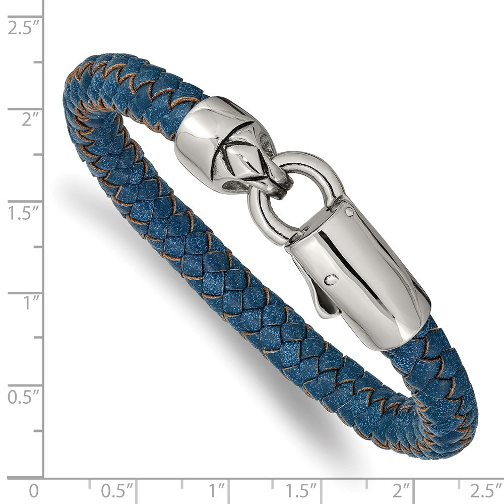 Alternate view of the 8mm Stainless Steel &amp; Blue Leather Braided Bracelet, 8.25 Inch by The Black Bow Jewelry Co.