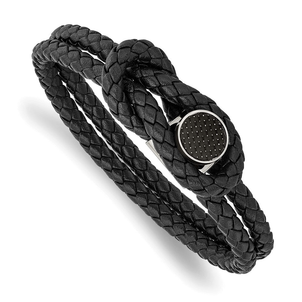 Stainless Steel, Black or Blue Leather, Carbon Fiber Bracelet, 8.5 In, Item B18567 by The Black Bow Jewelry Co.