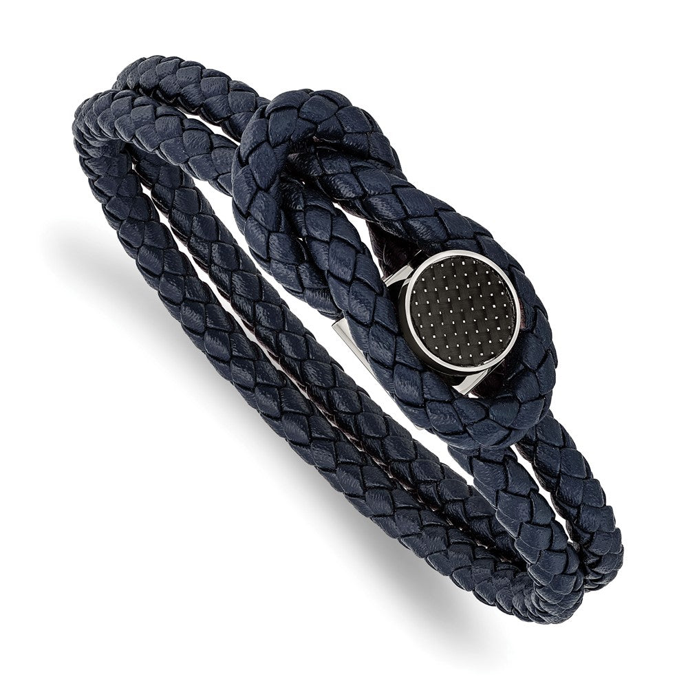 Stainless Steel, Navy Blue Leather, Carbon Fiber Bracelet, 8.5 Inch, Item B18567-BLU by The Black Bow Jewelry Co.