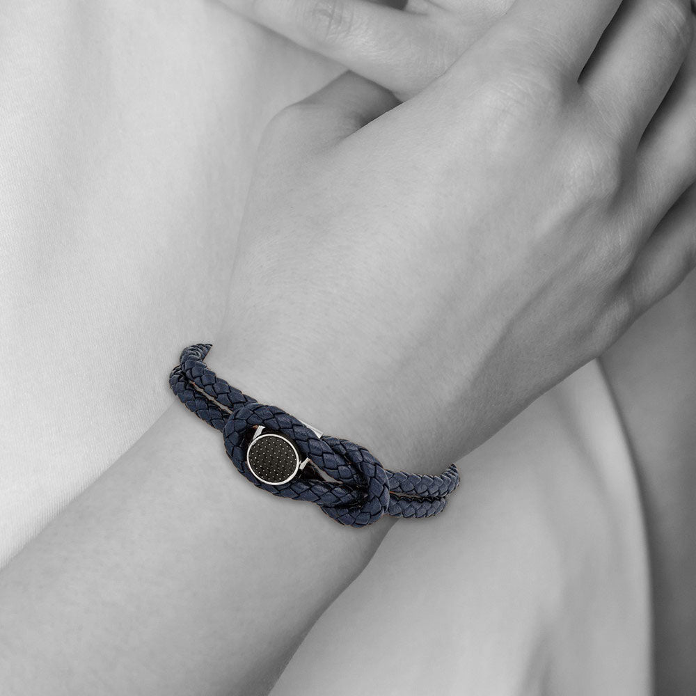 Alternate view of the Stainless Steel, Navy Blue Leather, Carbon Fiber Bracelet, 8.5 Inch by The Black Bow Jewelry Co.