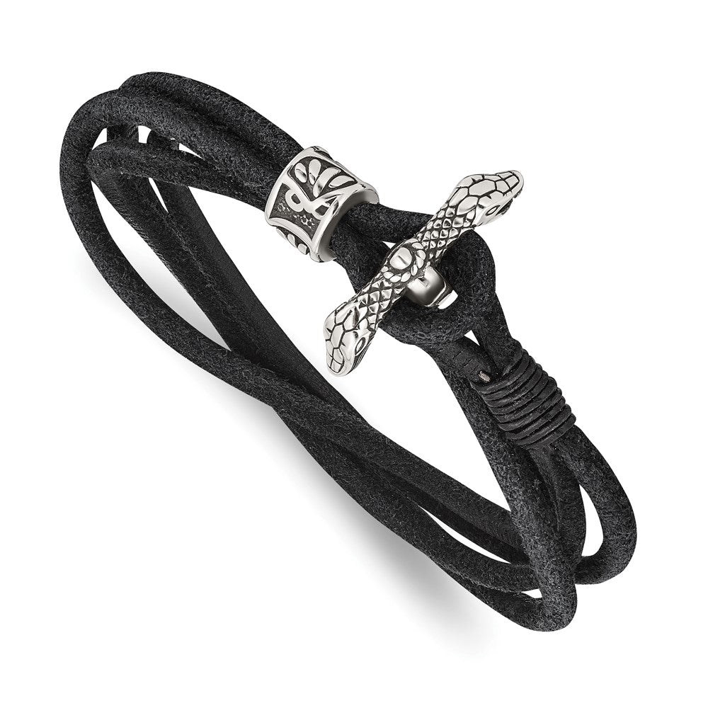 Stainless Steel, Black or Tan Suede Leather Snake Wrap Bracelet, 16 In, Item B18568 by The Black Bow Jewelry Co.