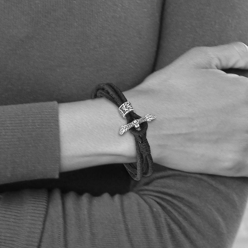Alternate view of the Stainless Steel, Black Suede Leather Snake Wrap Bracelet, 16 Inch by The Black Bow Jewelry Co.
