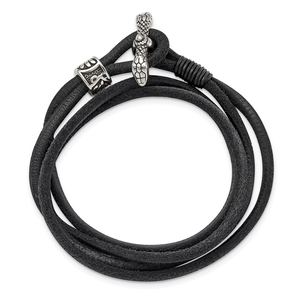 Alternate view of the Stainless Steel, Black Suede Leather Snake Wrap Bracelet, 16 Inch by The Black Bow Jewelry Co.