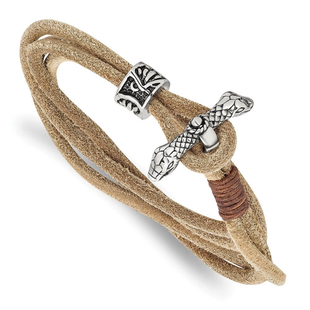 Alternate view of the Stainless Steel, Black or Tan Suede Leather Snake Wrap Bracelet, 16 In by The Black Bow Jewelry Co.