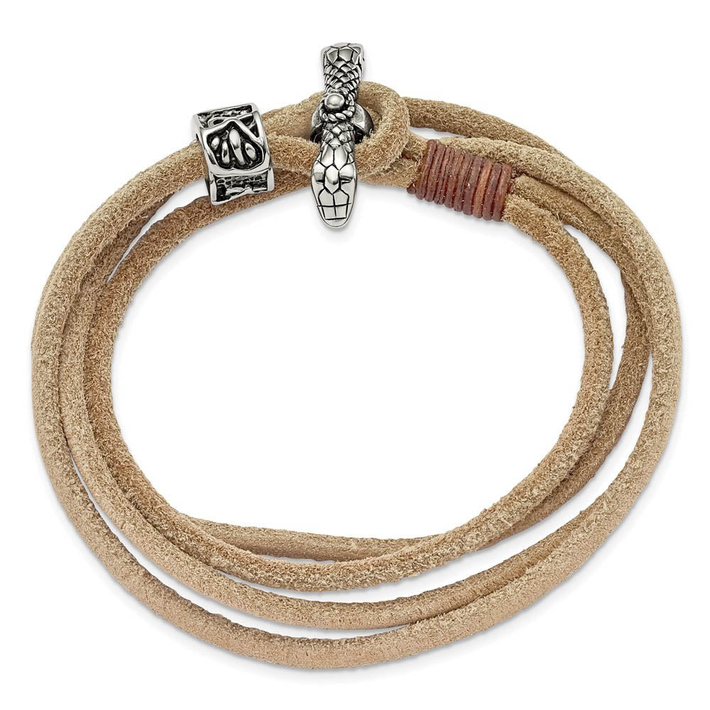 Alternate view of the Stainless Steel, Tan Suede Leather Snake Wrap Bracelet, 16 Inch by The Black Bow Jewelry Co.